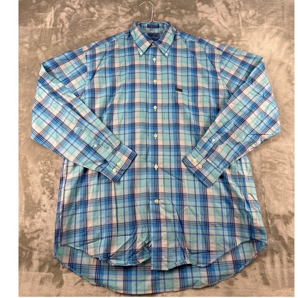 Faconnable Shirt Mens L Plaid Blue Teal Pink Long Sleeve Button Down EUC